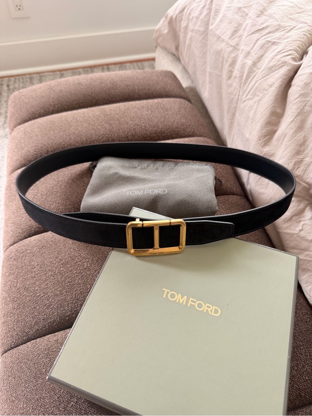 Tom Ford Reversible Black Leather/Black Suede Belt with Gold Buckle size 95